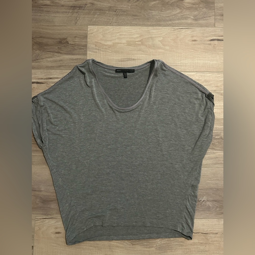 Heather gray dressy knit tee with scoop neck and bling on each sleeve